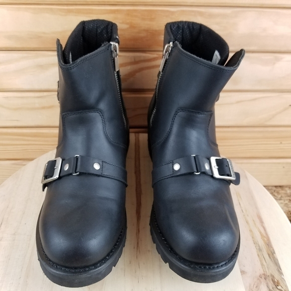 XELEMENT Black Leather Biker Boots Motorcycle Riding Two Buckle Side Zip LU1474 - Picture 2 of 14